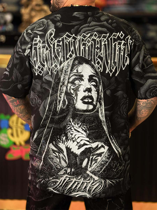 Nun Rose Print Rhinestone Sparkle T-shirt