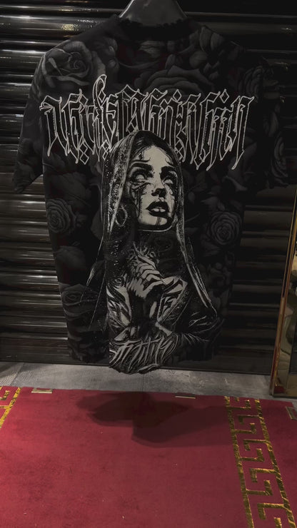 Nun Rose Print Rhinestone Sparkle T-shirt